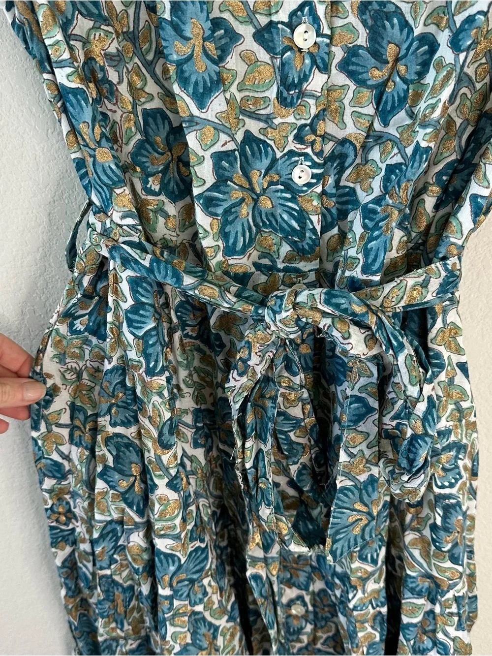 OLIPHANT RUFFLE COLLAR BUTTON MAXI FLORAL DRESS  IVY BLUE/GOLD SZ XL